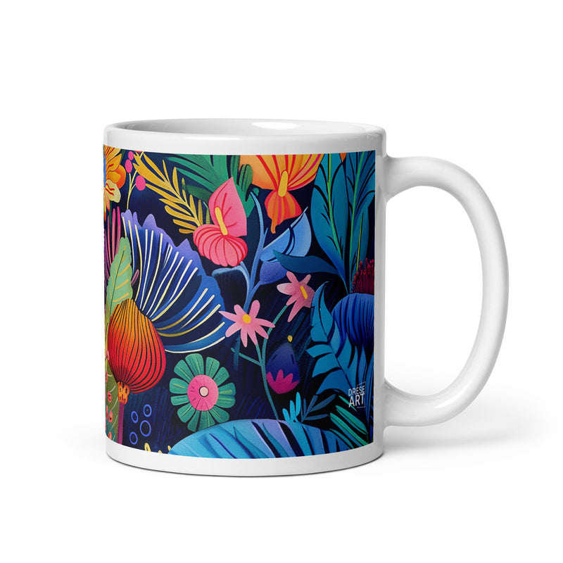 Detail view of African floral ceramic mug with the African Blossoms artwork by Drese Art