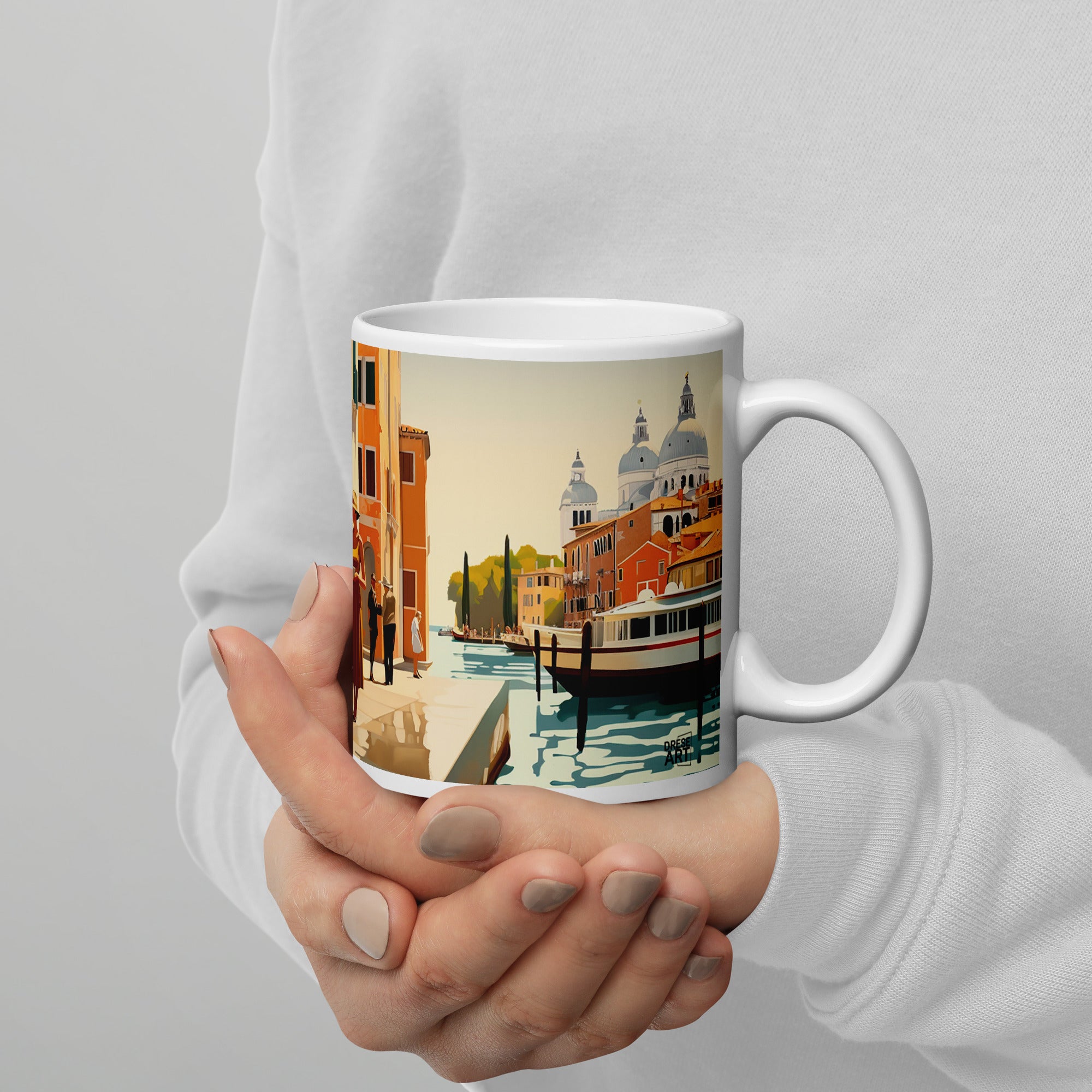 Context image of Italian vintage ceramic mug with the Venice Canal artwork by Drese Art