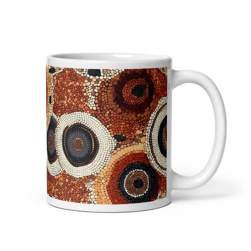 Detail view of Ethnic patterned ceramic mug with the Sacred Earth artwork by Drese Art