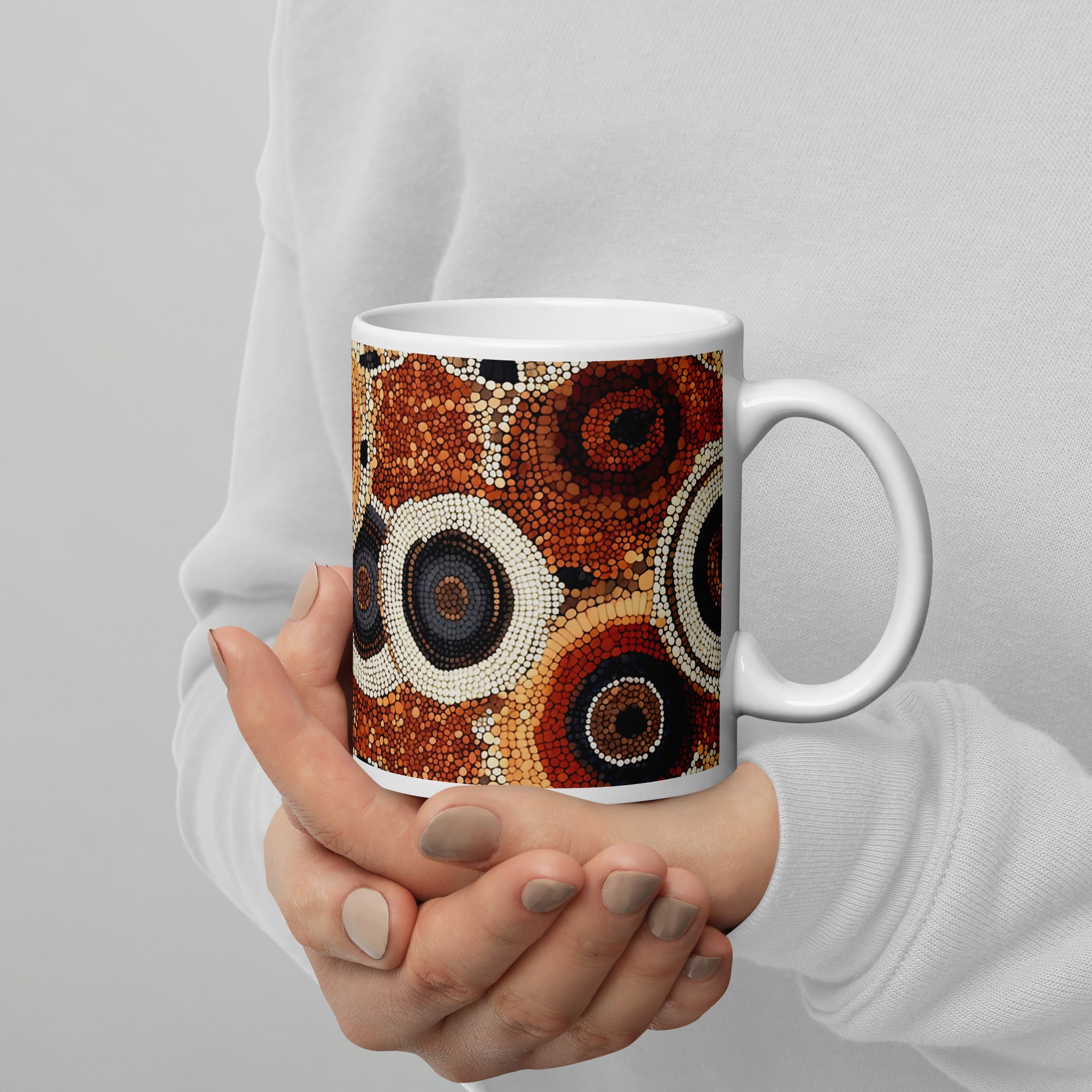 Context image of Ethnic patterned ceramic mug with the Sacred Earth artwork by Drese Art