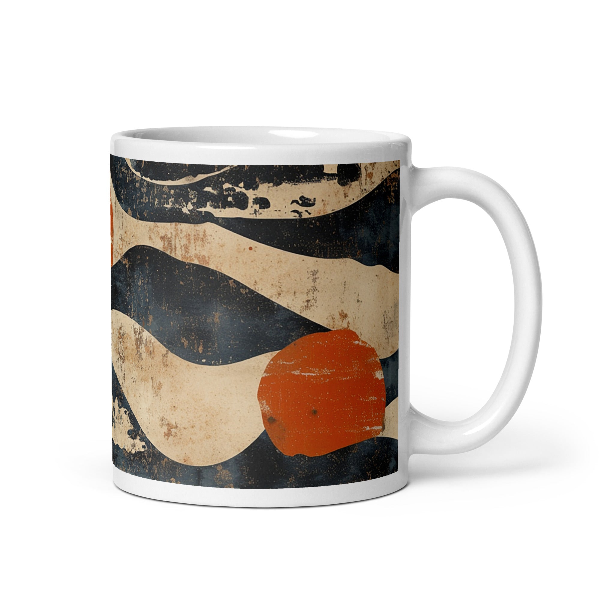 Detail view of Japanese vintage pattern ceramic mug with the Eternal Tides artwork by Drese Art