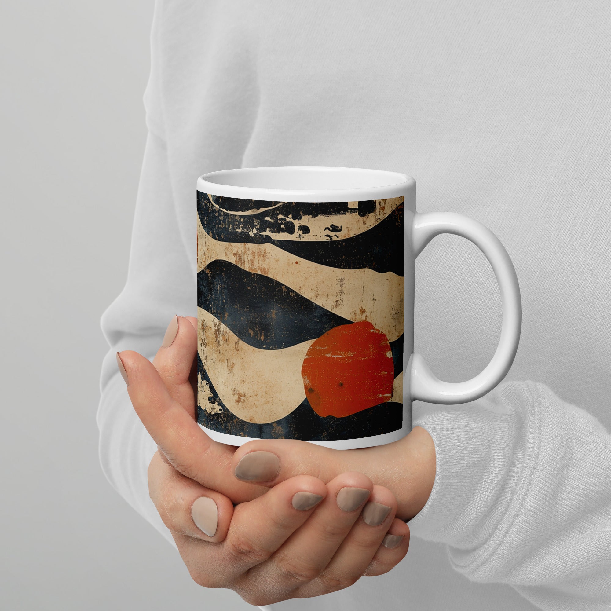 Context image of Japanese vintage pattern ceramic mug with the Eternal Tides artwork by Drese Art
