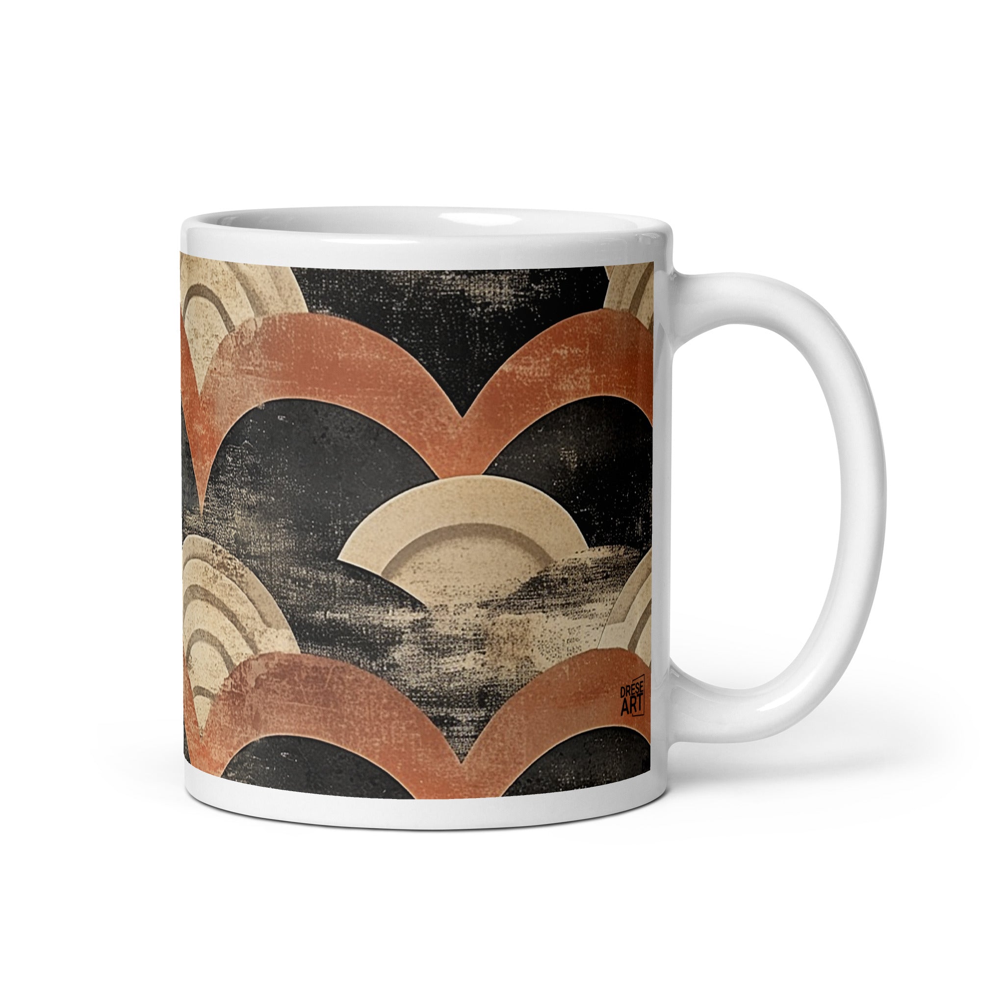 Detail view of Japanese vintage pattern ceramic mug with the Aged Tides artwork by Drese Art