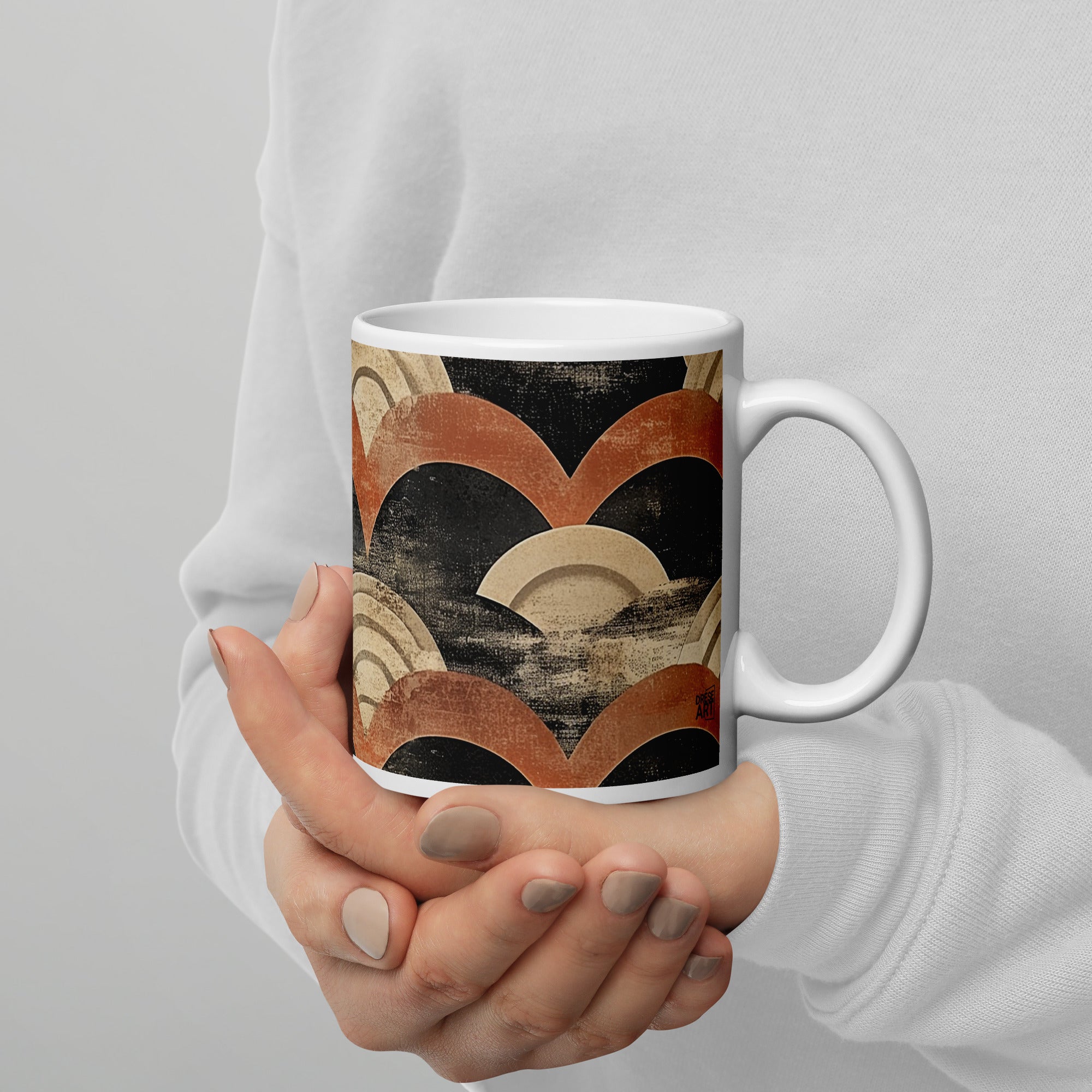Context image of Japanese vintage pattern ceramic mug with the Aged Tides artwork by Drese Art