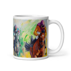Detail view of Equestrian-themed ceramic mug with the Fury of the Finish artwork by Drese Art