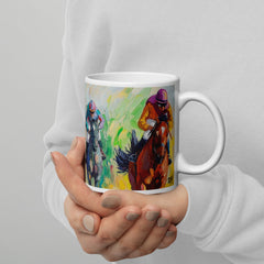 Context image of Equestrian-themed ceramic mug with the Fury of the Finish artwork by Drese Art