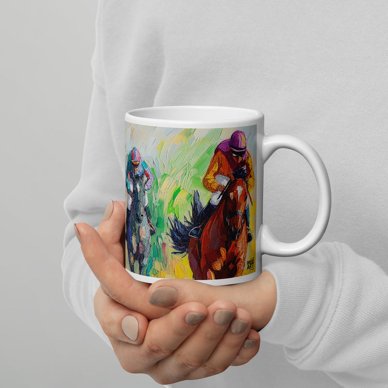 Context image of Equestrian-themed ceramic mug with the Fury of the Finish artwork by Drese Art