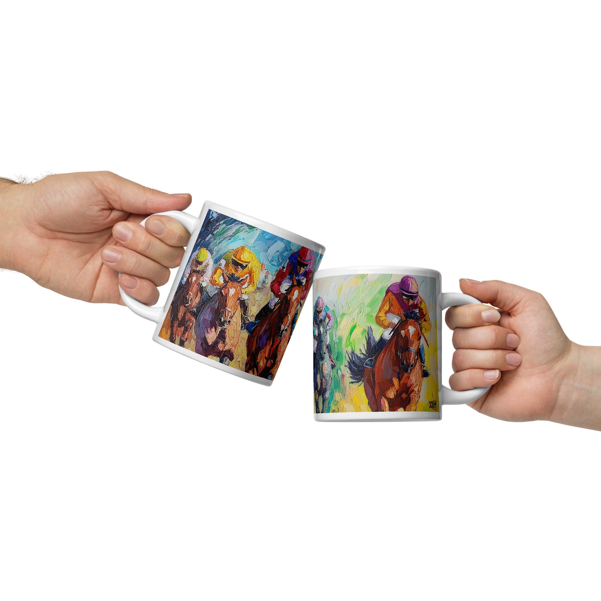 Context image of Equestrian-themed ceramic mug with the Fury of the Finish artwork by Drese Art