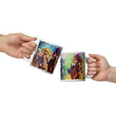 Context image of Equestrian-themed ceramic mug with the Fury of the Finish artwork by Drese Art